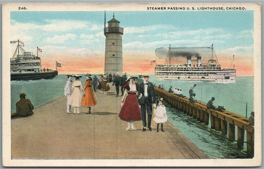 CHICAGO IL STEAMER PASSING LIGHTHOUSE ANTIQUE POSTCARD