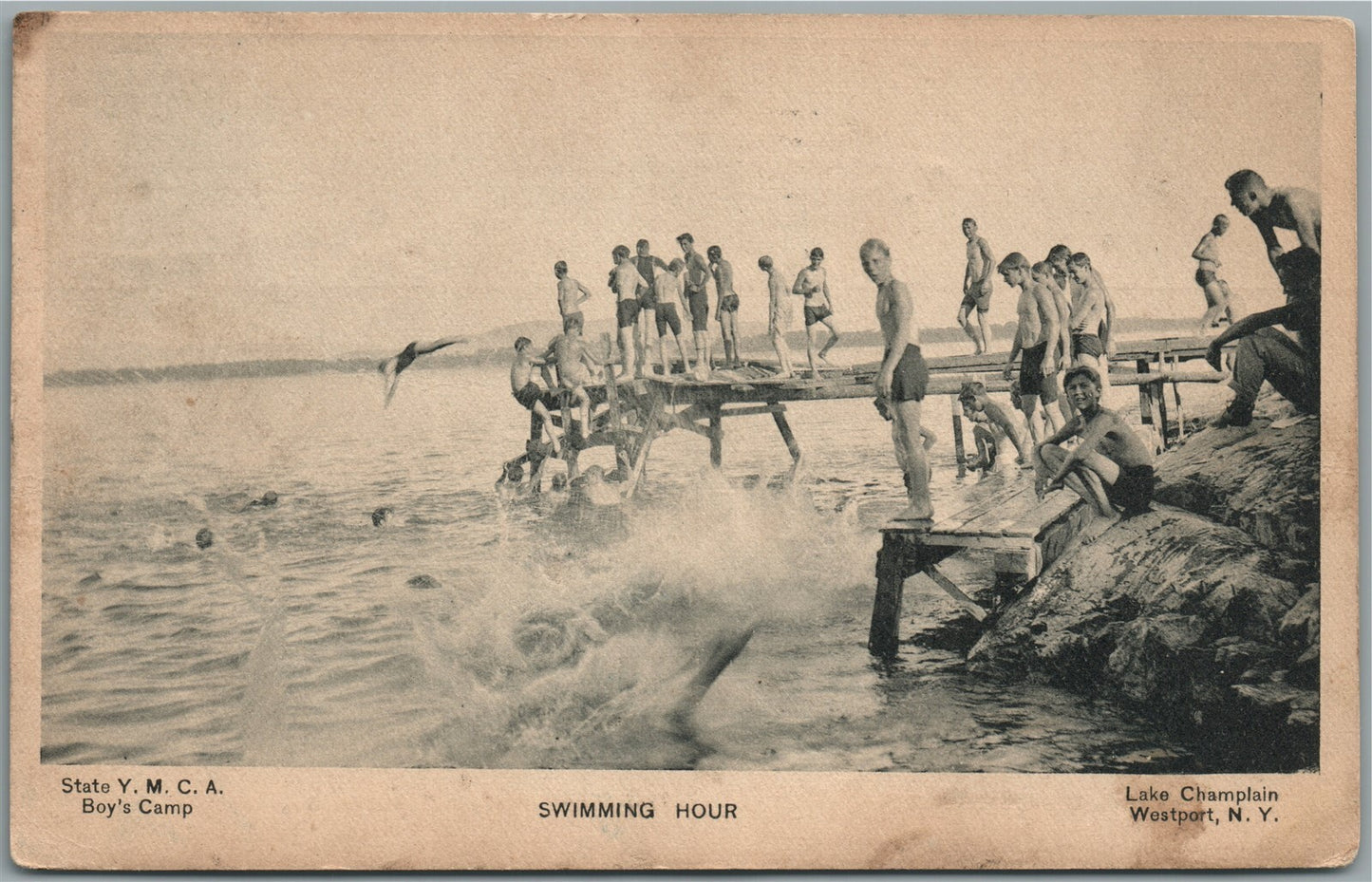 WESTPORT NY LAKE CHAMPLAIN SWIMMING POOL ANTIQUE POSTCARD
