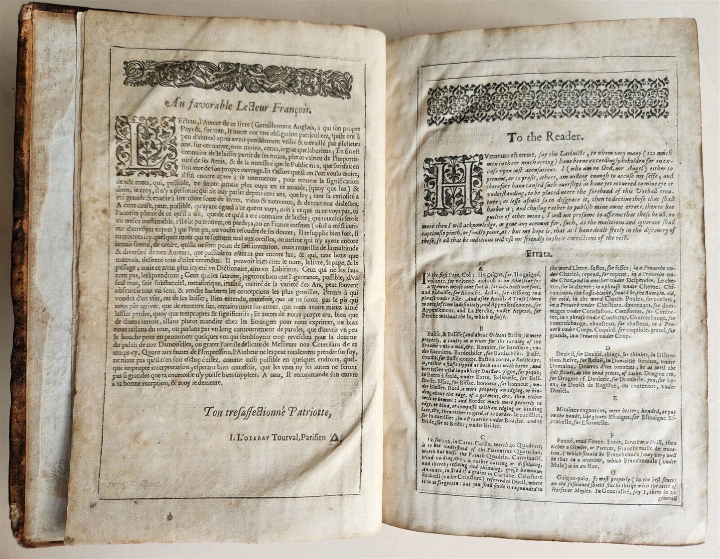 1632 DICTIONARIE of FRENCH & ENGLISH TONGUES by Randle Cotgrave antique ENGLISH