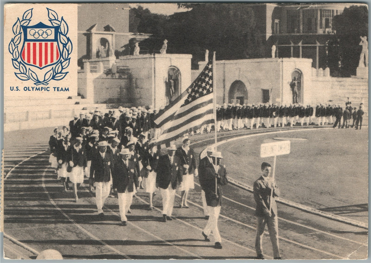 US OLYMPIC TEAM 1960 ROME ITALY VINTAGE POSTCARD w/ STAMPS