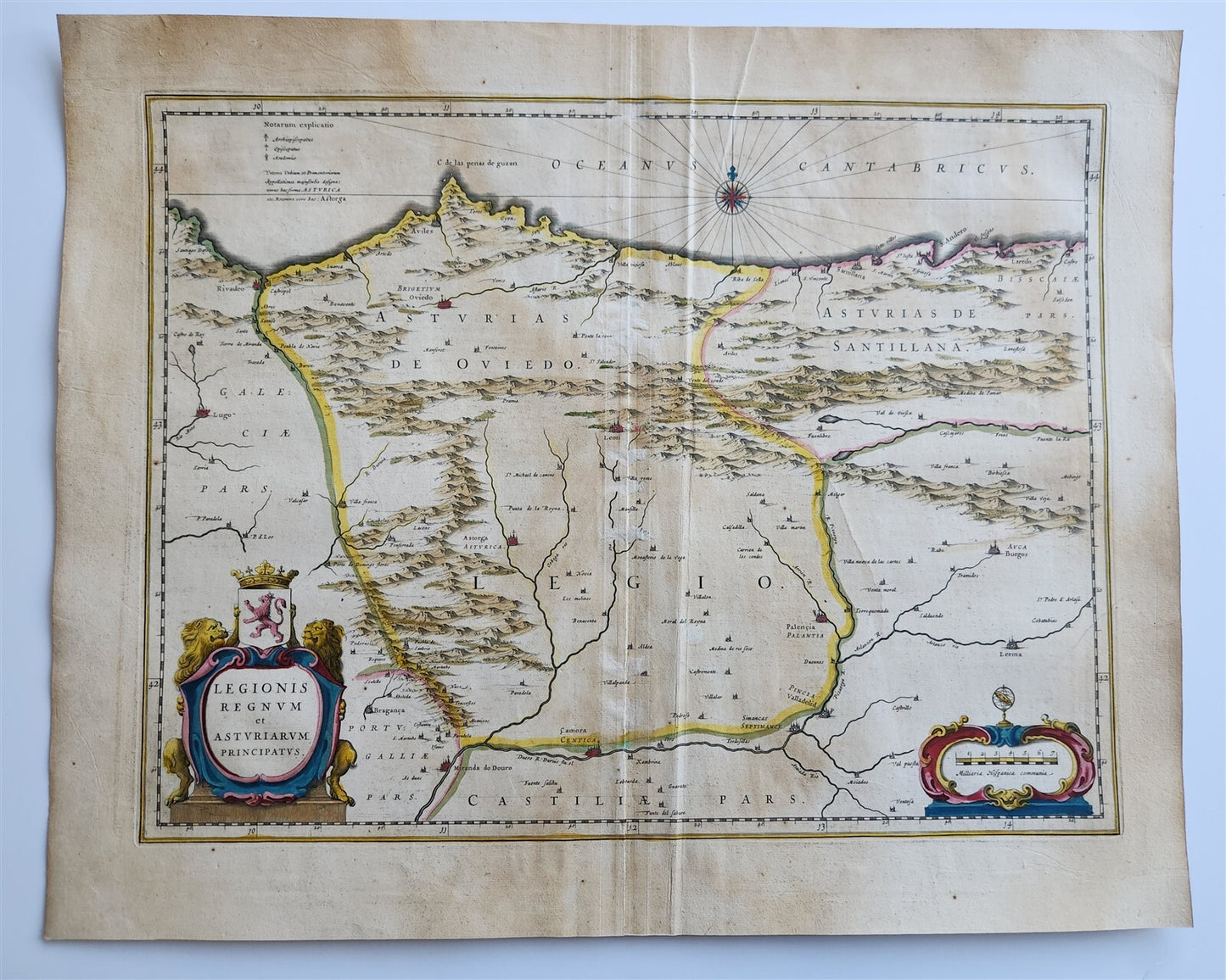 1640 ASTURIAS SPAIN MAP by WILLEM BLAEU antique AUTHENTIC hand colored