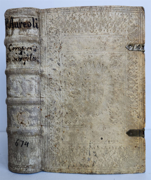 1610 BIBLE COMMENTARY by PETRUS AUREOLI antique BLIND STAMPED PIGSKIN w/ CLASPS