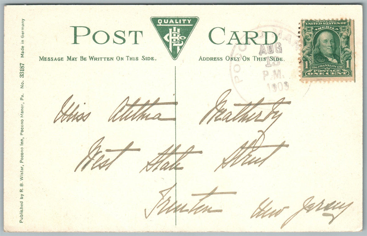 POCONO MANOR PA BOAT HOUSE ON LAKE MINAUSIN 1909 ANTIQUE POSTCARD