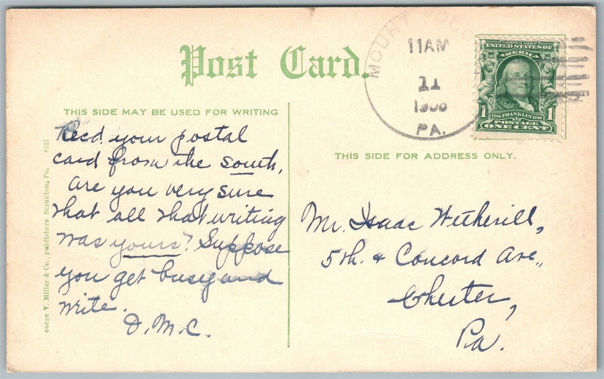 MT.POCONO PA MINAUSIN LAKE 1908 ANTIQUE POSTCARD
