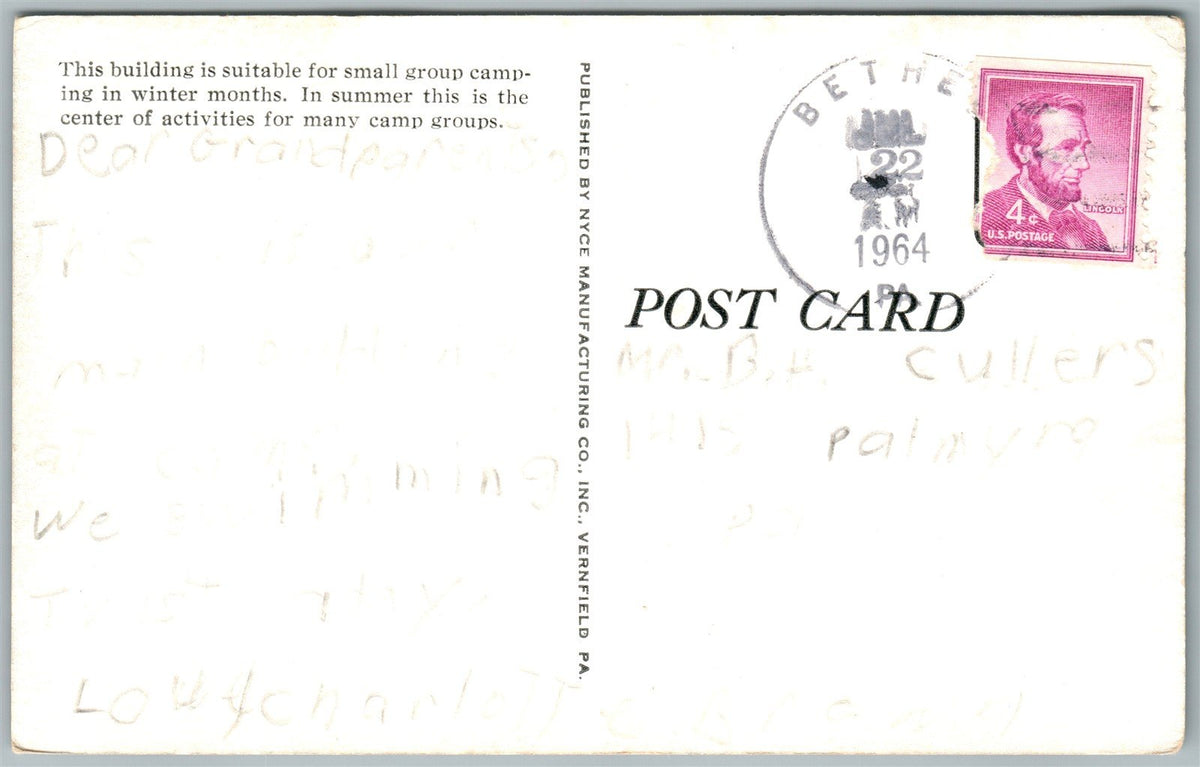 BETHEL PA VESPER HILL CAMP SWATARA MAIN BUILDING 1964 VINTAGE POSTCARD