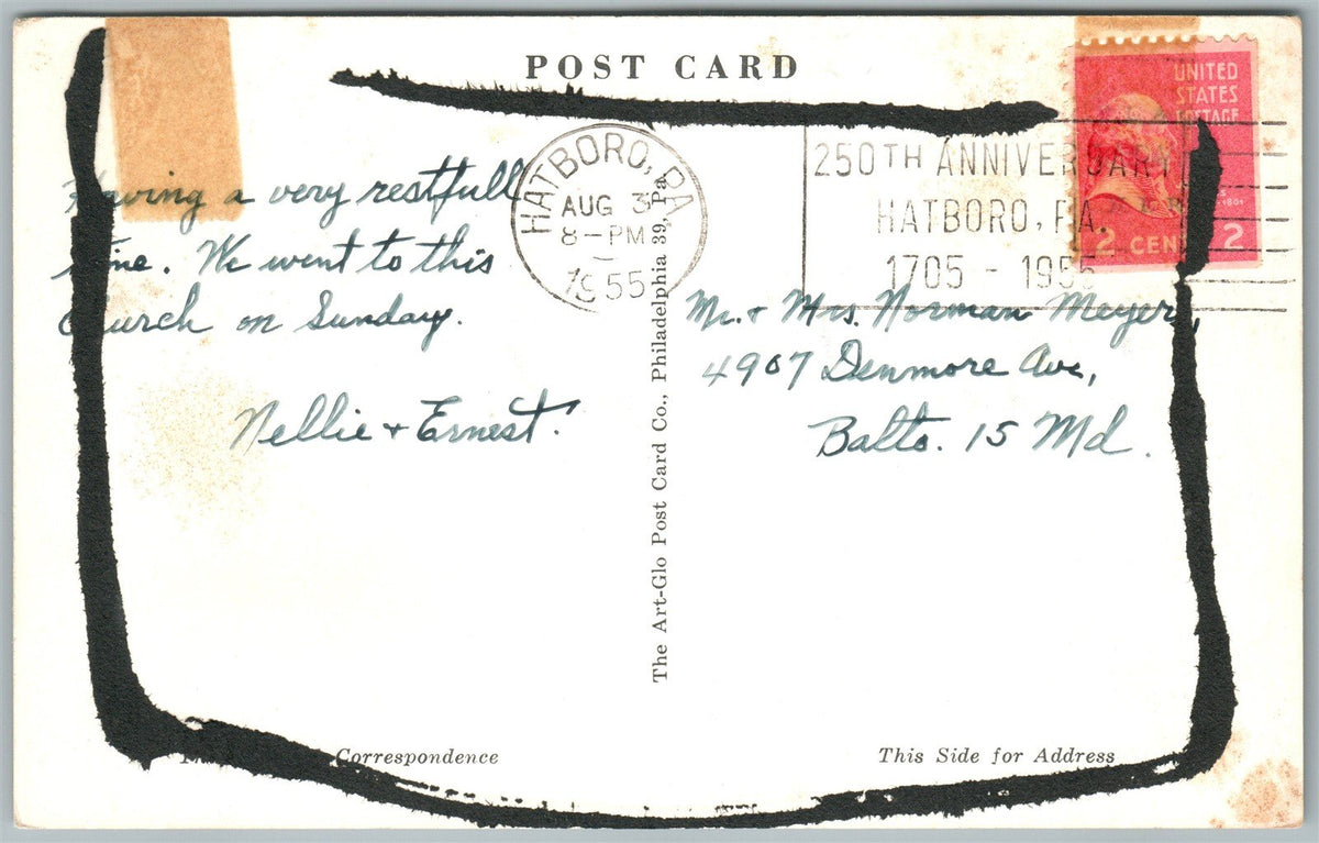 HATBORO PA LEHMAN METHODIST CHURCH 1955 VINTAGE POSTCARD