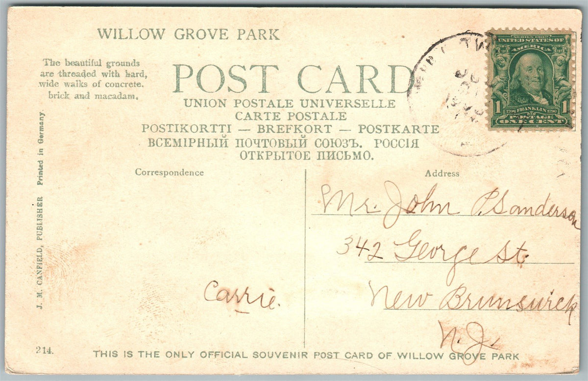 WILLOW CROVE AMUSEMENT PARK PA VIEW GROUNDS FROM CASINO ANTIQUE POSTCARD