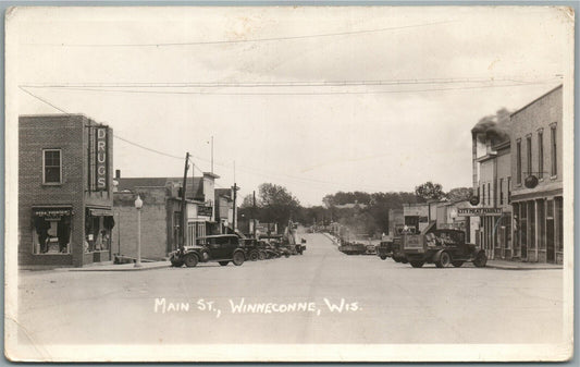 WINNECONNE WI MAIN STREET ANTIQUE REAL PHOTO POSTCARD RPPC CARS TRUCKS