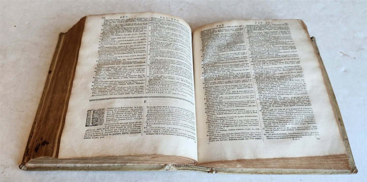 1710 LATIN FRENCH DICTIONARY antique w/ BLIND STAMPED VELLUM BINDING