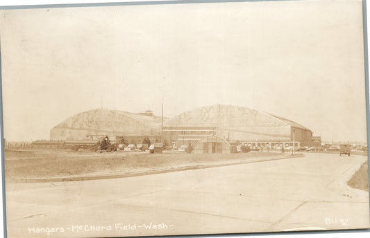McCHORD FIELD WA HANGARS FIRE DEPT. TRUCK VINTAGE REAL PHOTO POSTCARD RPPC