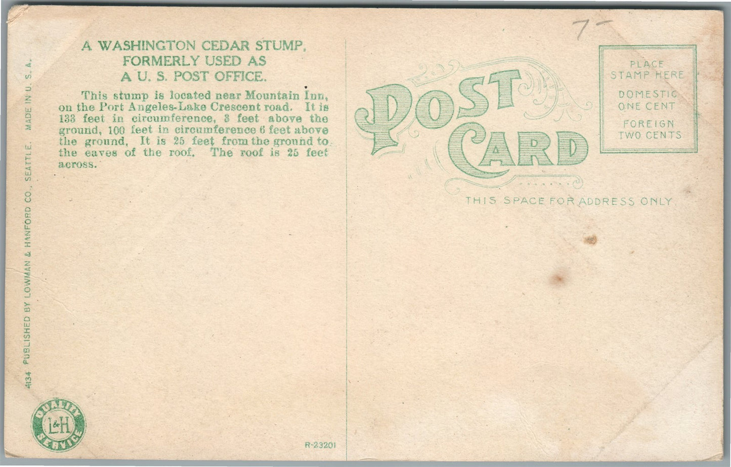 WASHINGTON CEDAR STUMP USED AS A POST OFFICE ANTIQUE POSTCARD