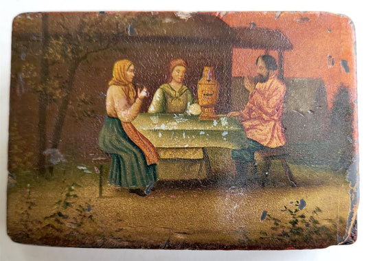 RUSSIAN 19th cent antique LACQUER BOX VISHNYAKOV MANUFACTURE TEA PARTY w/SAMOVAR