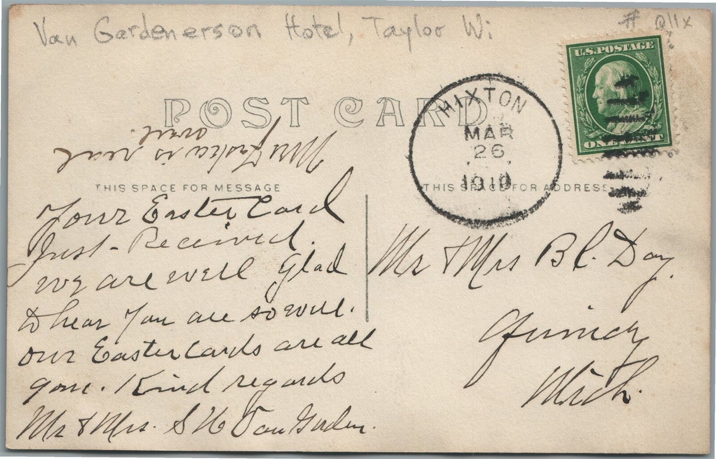 TAYLOR WI VAN GARDENERSON HOTEL ANTIQUE REAL PHOTO POSTCARD RPPC