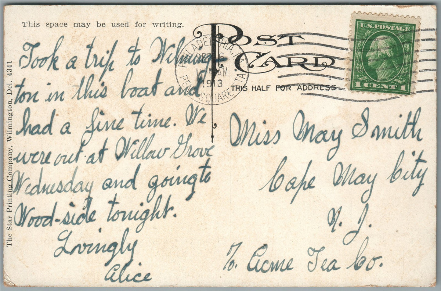 WILSON LINE CITY OF PHILADELPHIA SHIP ANTIQUE POSTCARD