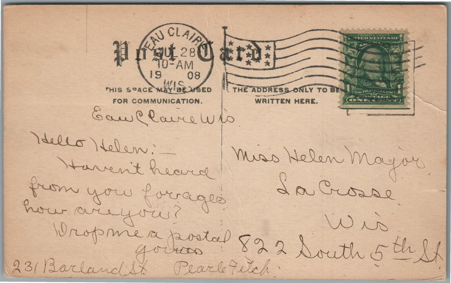 EAU CLAIRE WI GALLOWAY HOUSE ANTIQUE POSTCARD