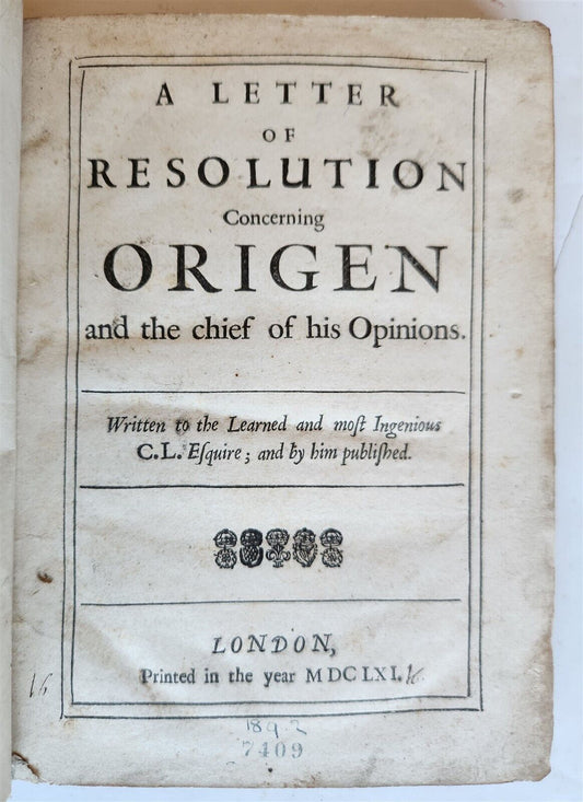 1661 LETTER of RESOLUTION CONCERNING ORIGEN & CHIEF of HIS OPINIOS antique