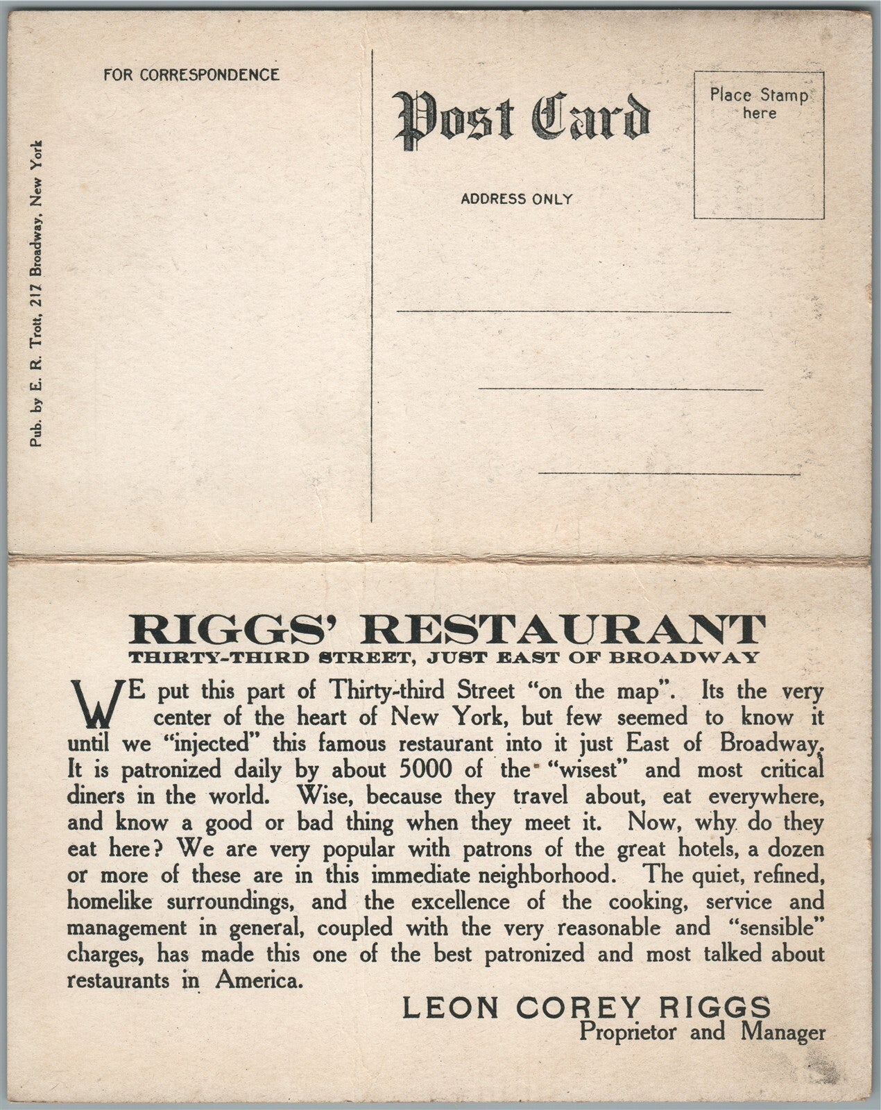 NEW YORK NY RIGG'S RESTAURANT ADVERTISING FOLDING DOUBLE ANTIQUE POSTCARD