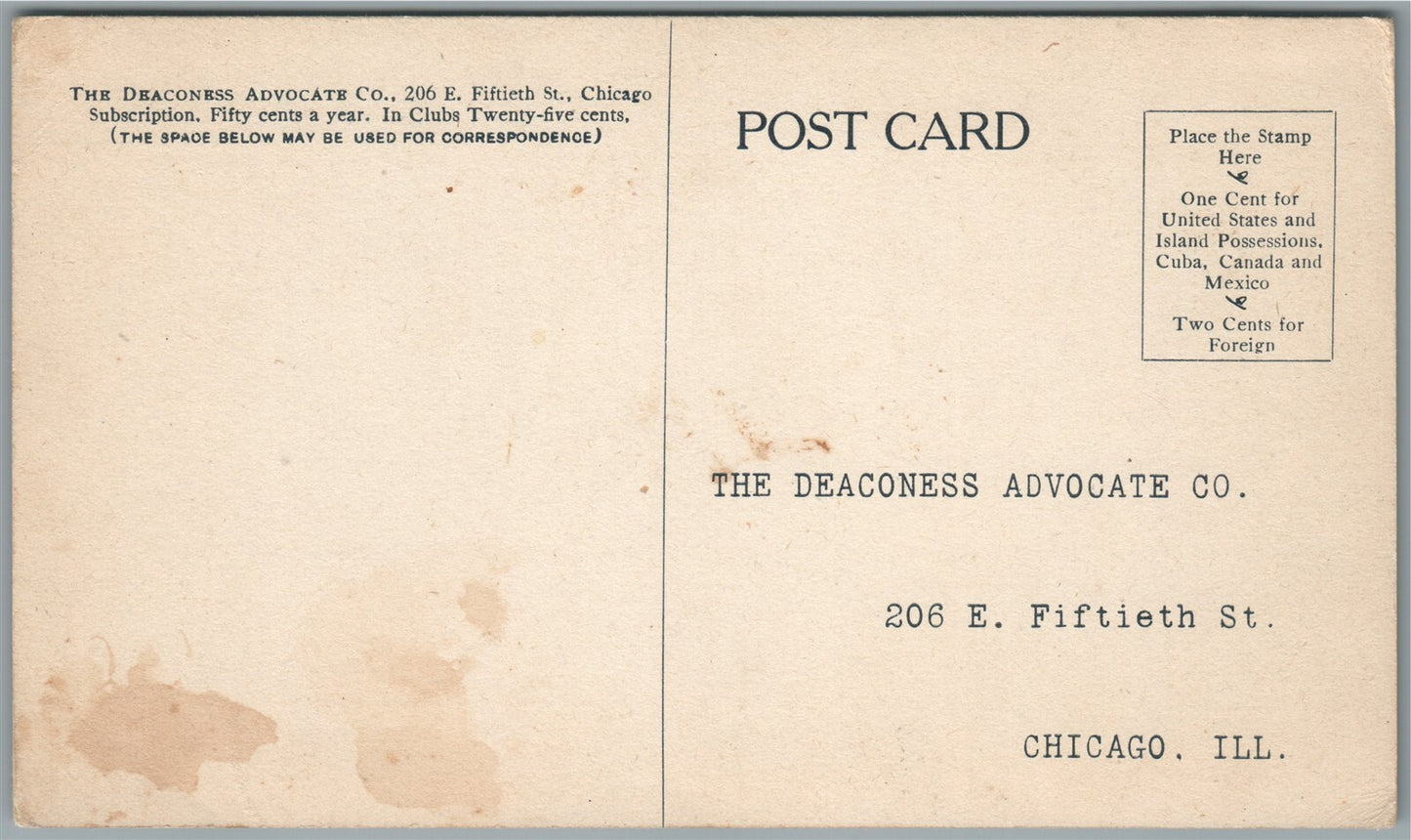 CHICAGO IL DEACONNESS ADVOCATE COMPANY ANTIQUE POSTCARD