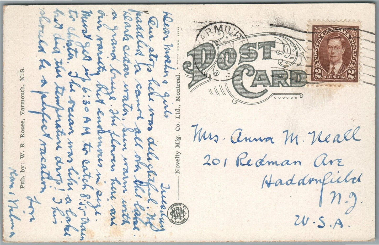 CANADA YARMOUTH LAKESIDE INN ANTIQUE POSTCARD