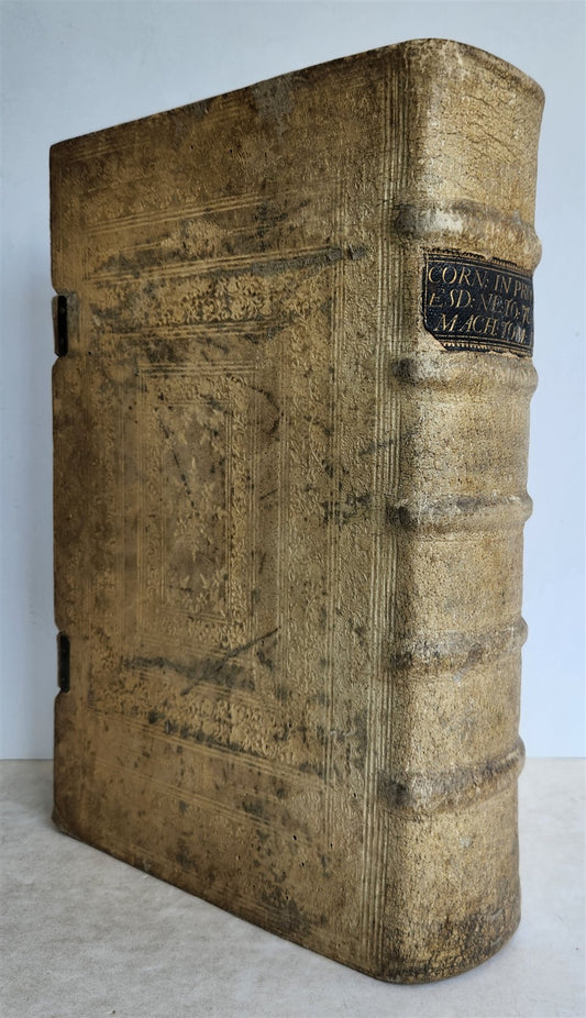 1716 COMMENTARIA in PROVERBIA SALOMONIS PIGSKIN BOUND FOLIO w/ CLASPS antique