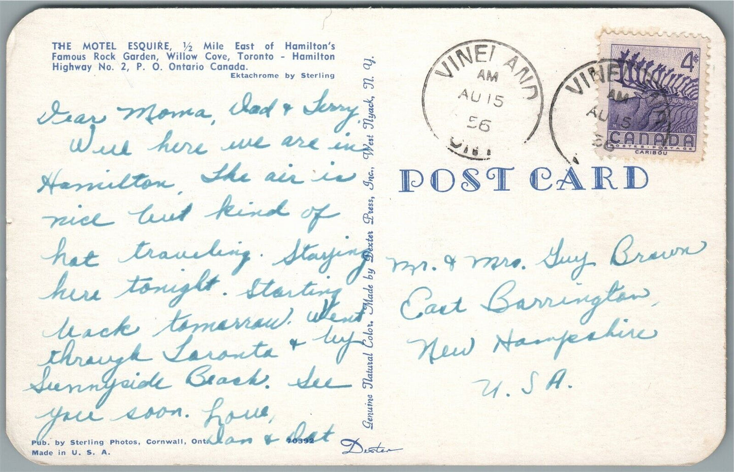 MOTEL ESQUIRE ONTARIO CANADA VINTAGE POSTCARD