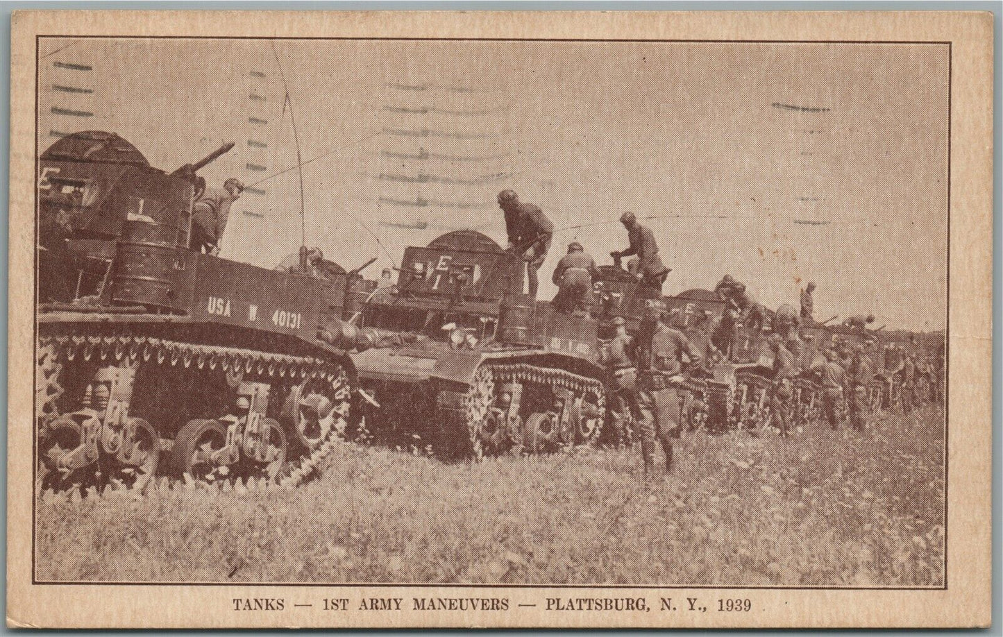 PLATTSBURG NY US ARMY TANKS MILITARY MANEUVERES WWII ERA 1939 ANTIQUE POSTCARD