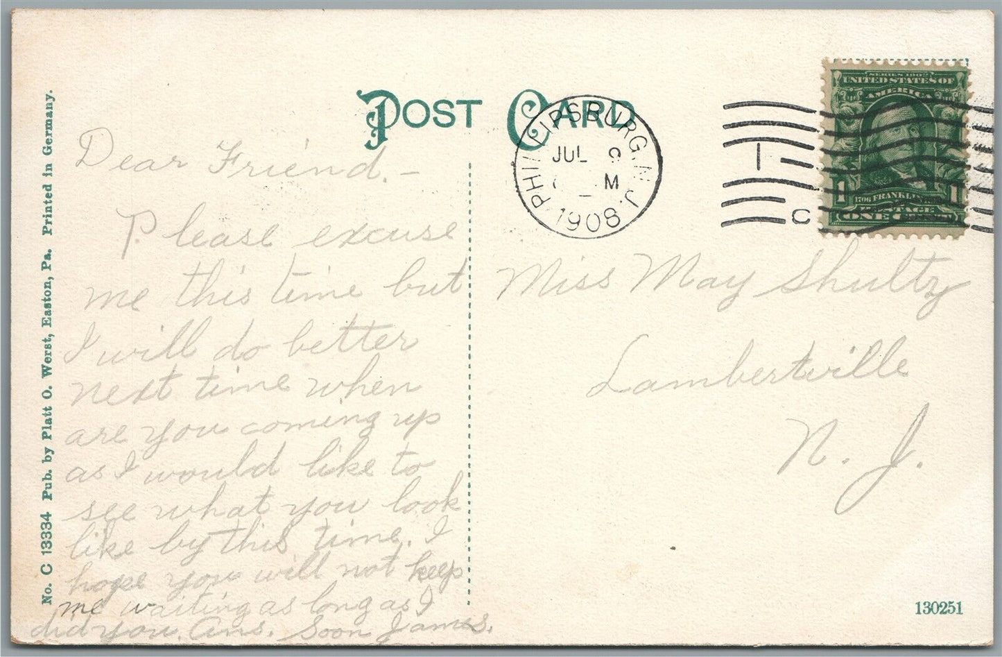 PHILLIPSBURG NJ RAILROAD CROSSING GREENS BRIDGE ANTIQUE POSTCARD