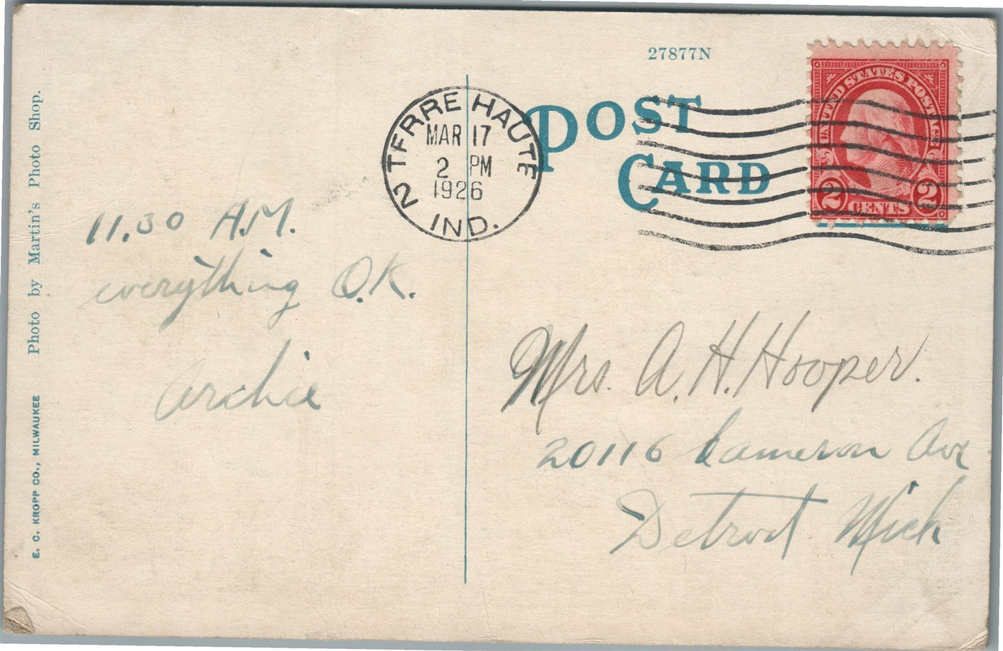 TERRE HAUTE IN WABASH AVE. ANTIQUE POSTCARD