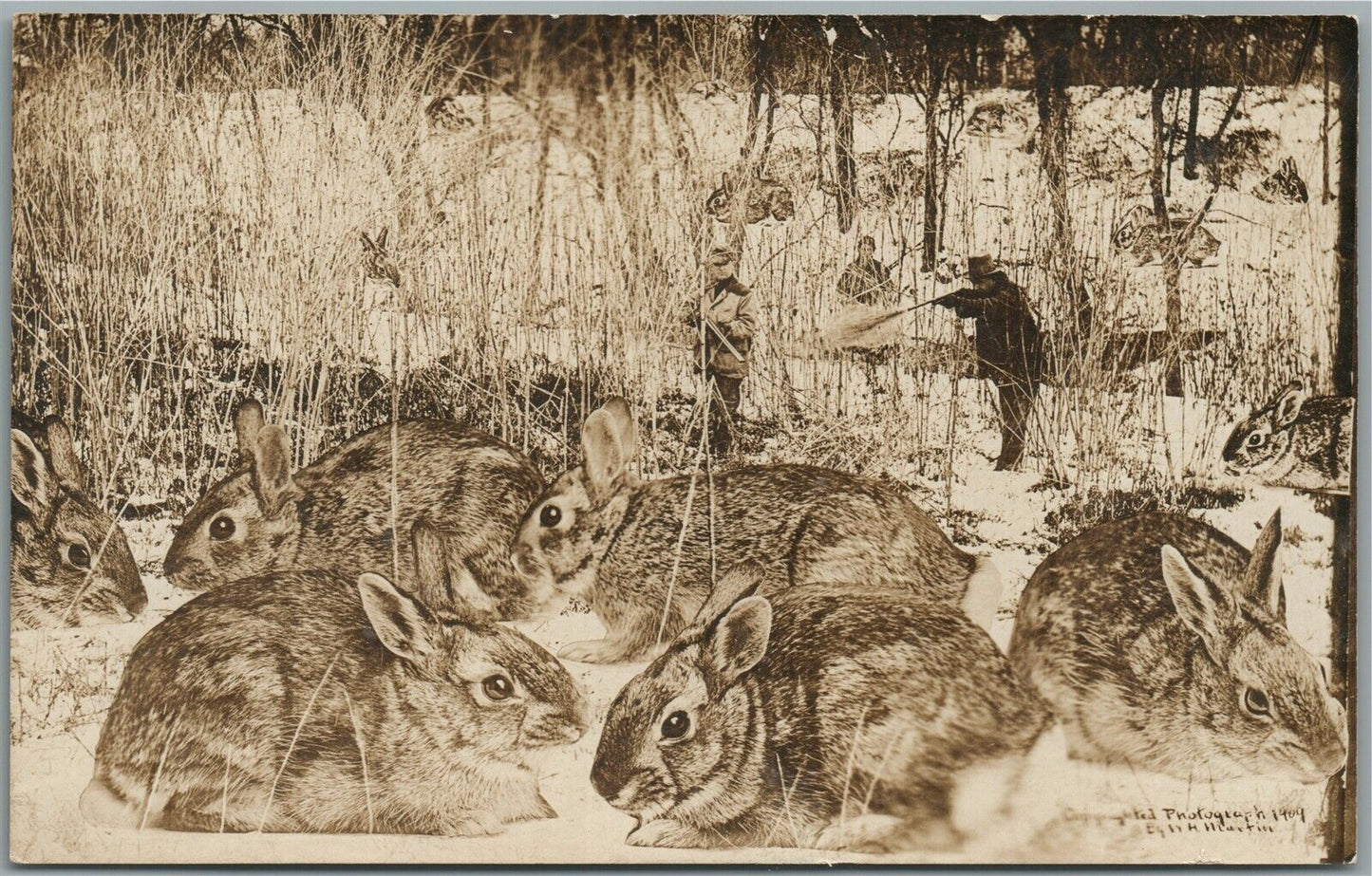HUNTER w/ RABBITS EXAGERRATED ANTIQUE REAL PHOTO POSTCARD RPPC