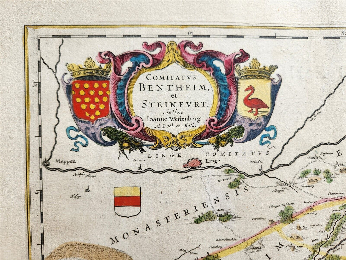 1640 MAP of GERMANY BENTHEIM & STEINFURT by WILLEM BLAEU antique AUTHENTIC