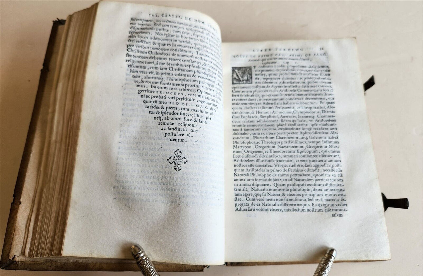 1567 ARISTOTLE COMMENTARY antique PIGSKIN BINDING w/ CLASPS rare 16th CENTURY