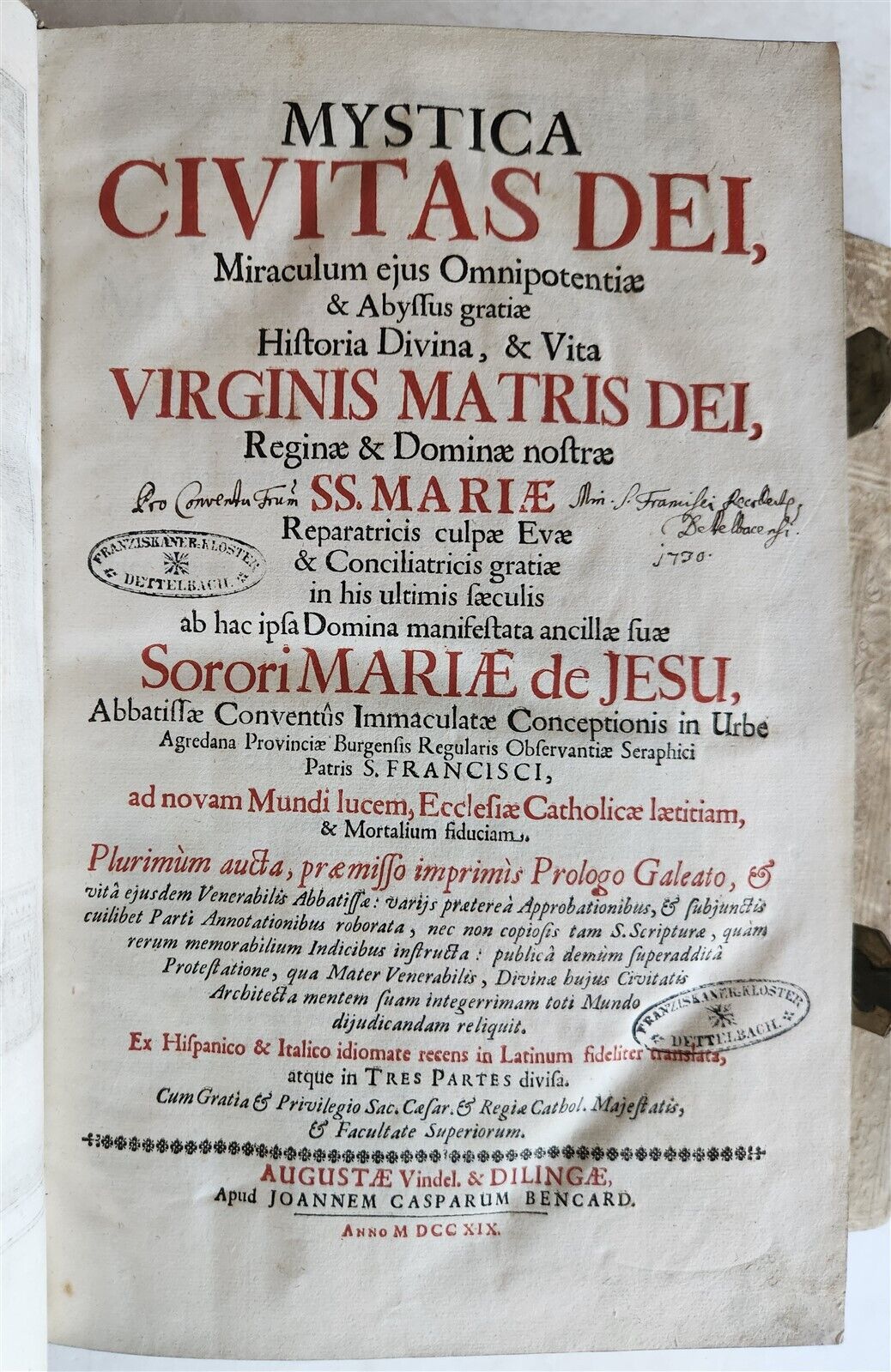 1719 MYSTICA CIVITAS DEI 3 PIGSKIN BOUND FOLIOS antique