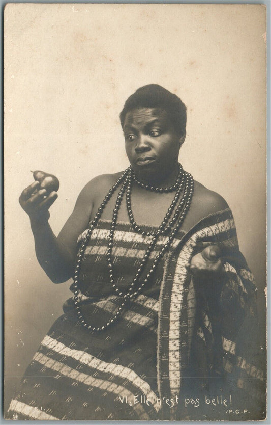 LADY w/ PEAR ANTIQUE REAL PHOTO POSTCARD RPPC BLACK AMERICANA