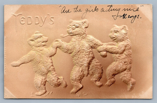 TEDDY BEARS DANCING ANTIQUE EMBOSSED POSTCARD