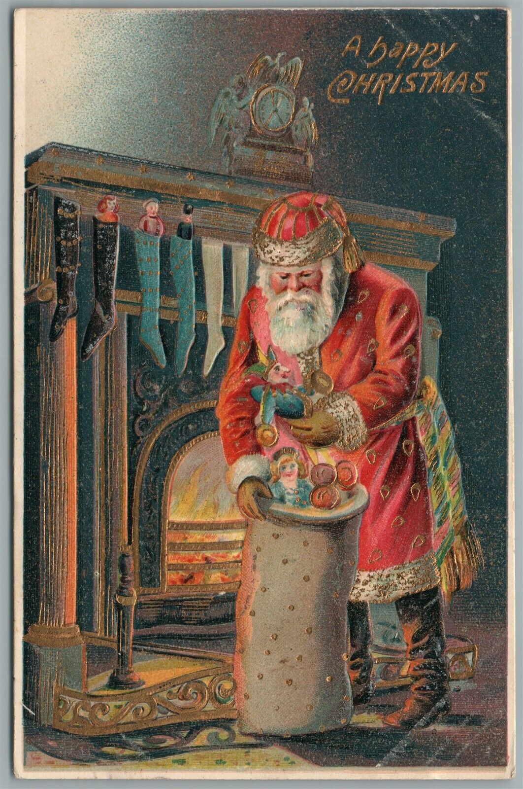 SANTA w/ TOYS SACK CHRISTMAS ANTIQUE POSTCARD