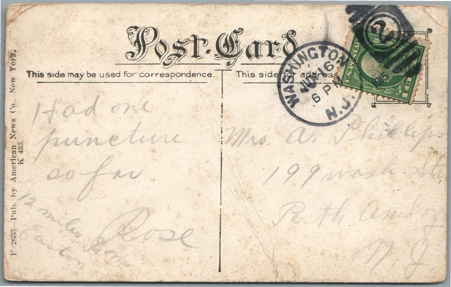 WASHINGTON NJ BELVIDERE AVE. ANTIQUE POSTCARD