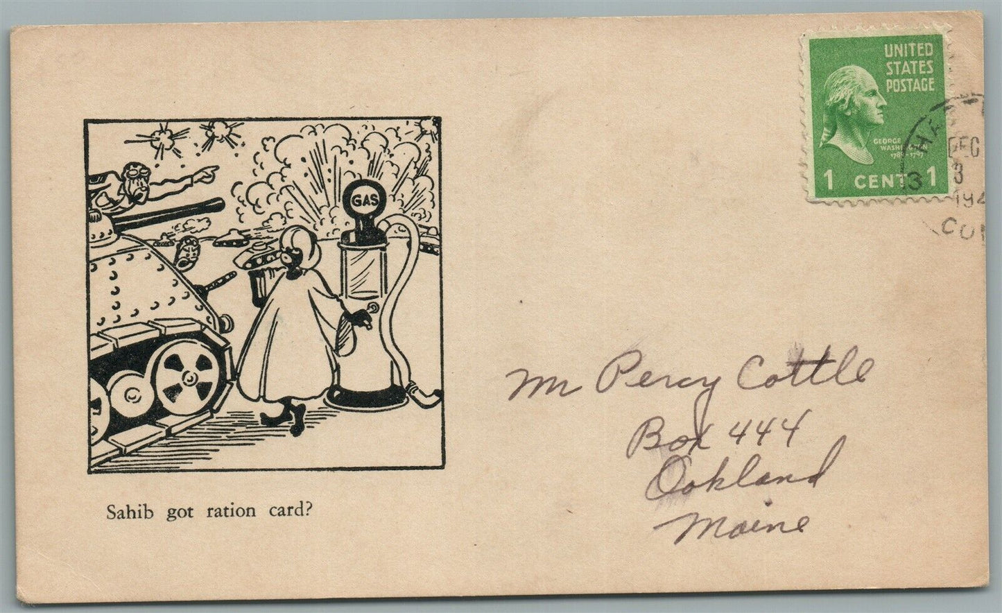 TANK AT ARABS GAS STATION COMIC VINTAGE POSTCARD