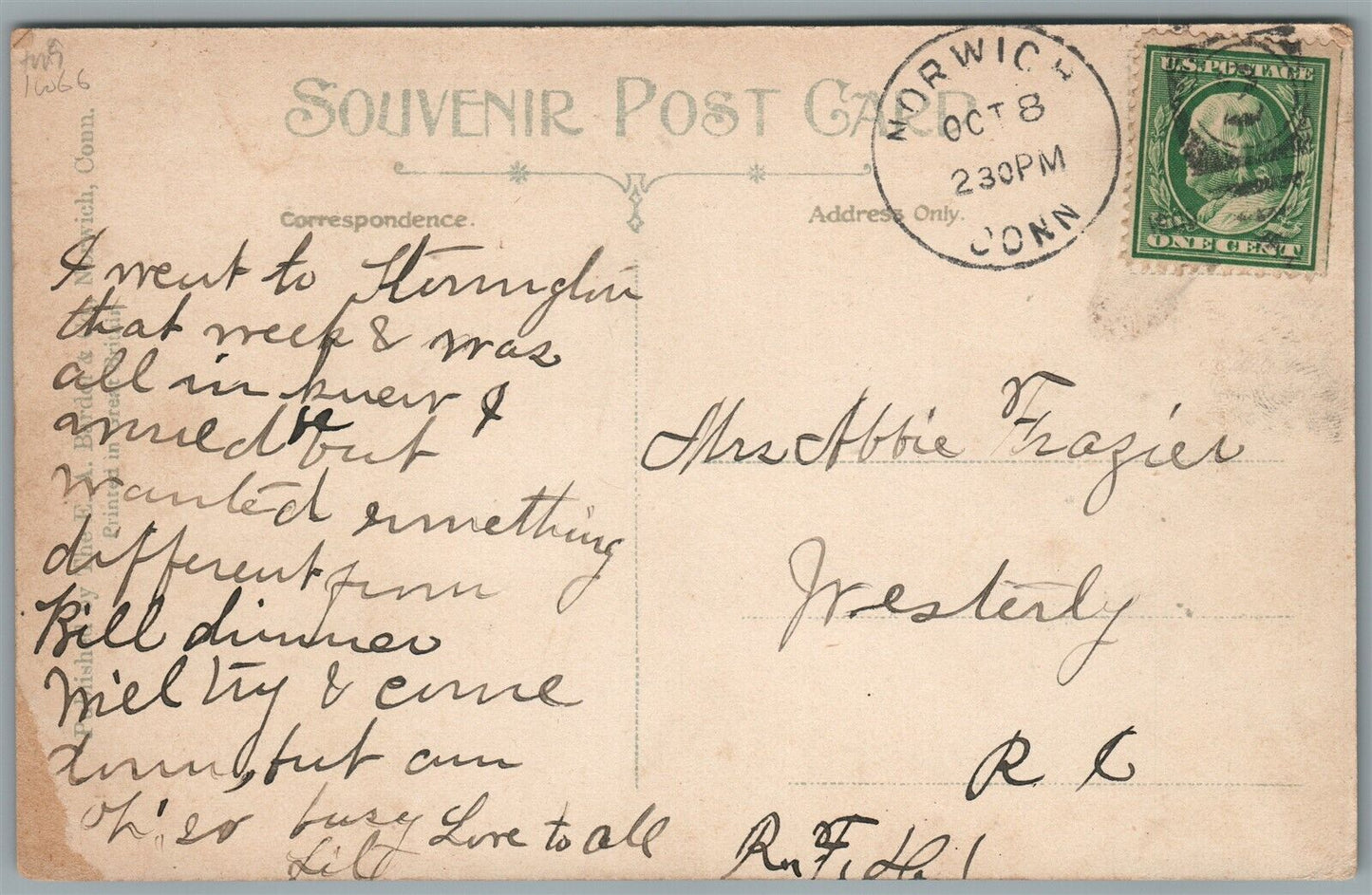 NORWICH CT FRANKLIN SQUARE ANTIQUE POSTCARD