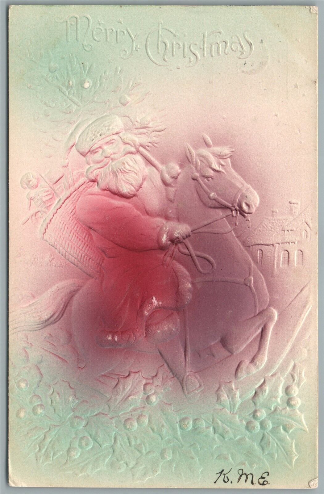 SANTA RIDING HORSE MERRY CHRISTMAS EMBOSSED ANTIQUE POSTCARD