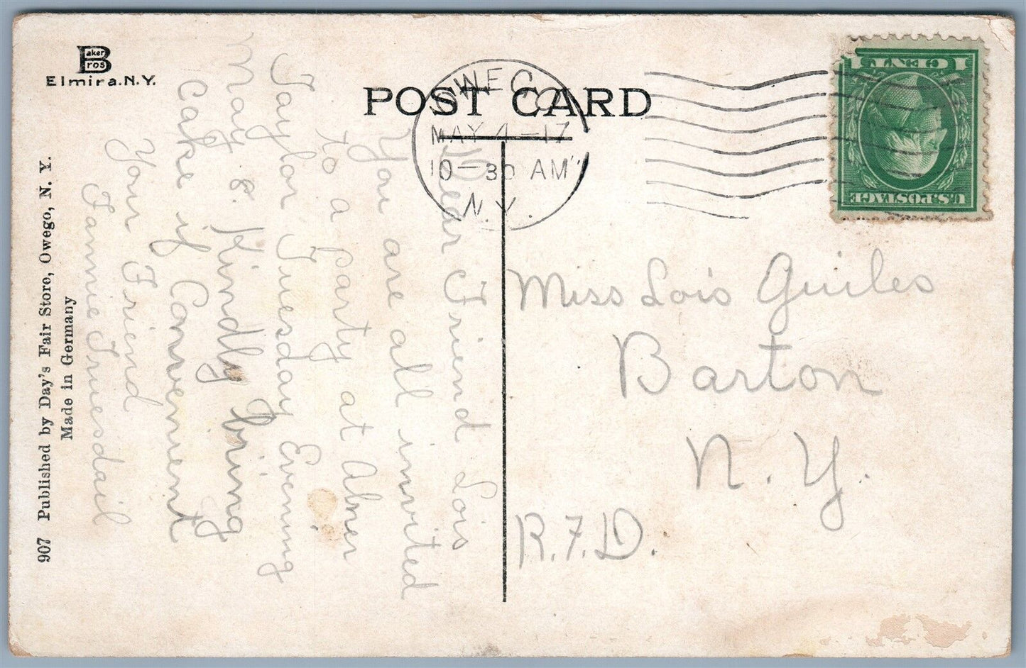 OWEGO NY O-WE-GO-HOTEL 1917 ANTIQUE POSTCARD