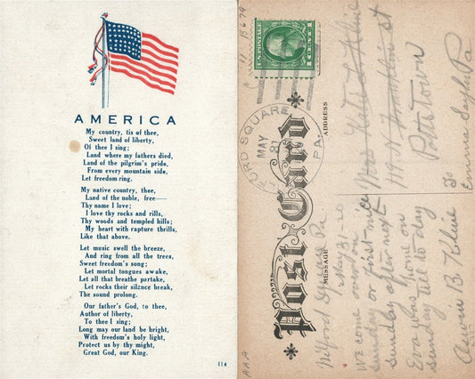PATRIOTIC ANTIQUE 1920 POSTCARD AMERICA SONG by SAMUEL SMITH
