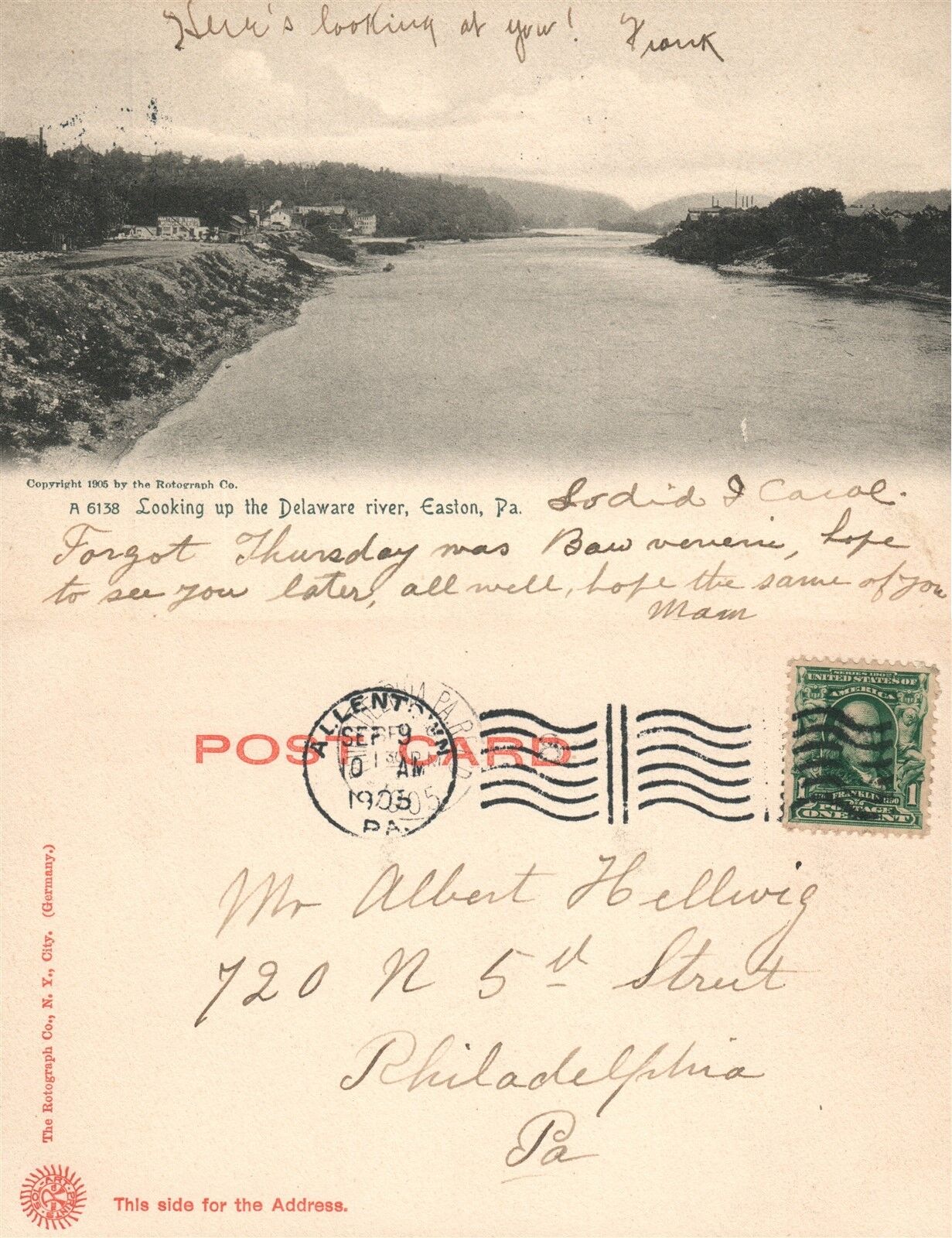 EASTON PA DELAWARE RIVER 1905 UNDIVIDED ANTIQUE POSTCARD