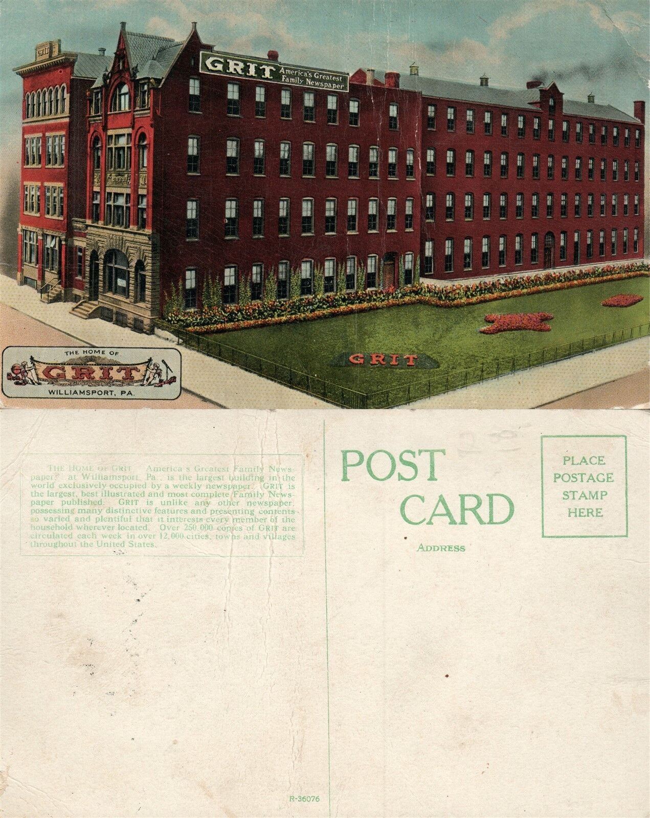 WILLIAMSPORT PA GRIT NEWSPAPER BUILDING ANTIQUE POSTCARD