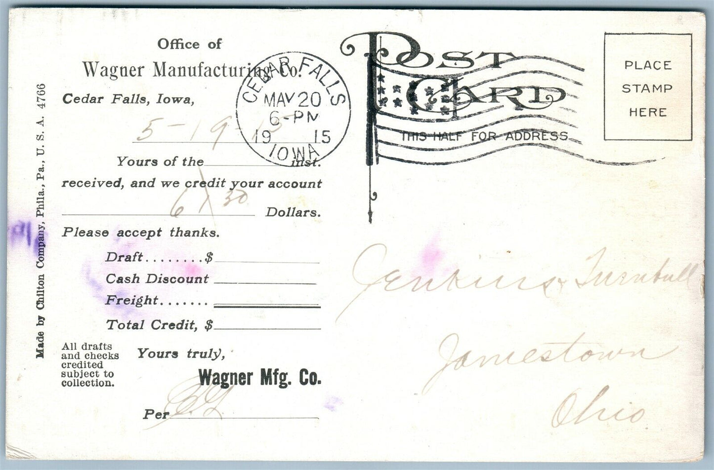 CEDAR FALLS IA WAGNER MANUFACTURING CO ADVERTISING ANTIQUE POSTCARD
