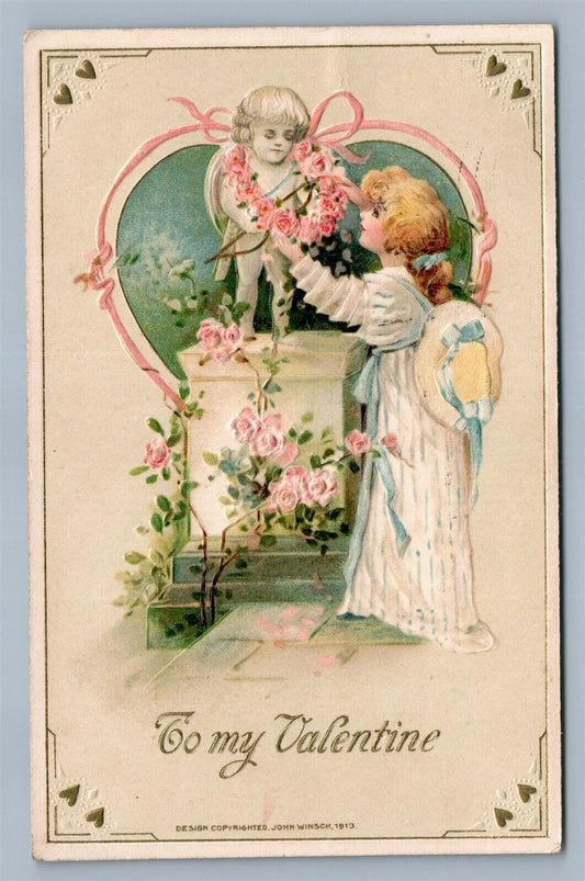 TO MY VALENTINE 1913 EMBOSSED ANTIQUE POSTCARD by JOHN WINSCH GIRL w/ CUPID