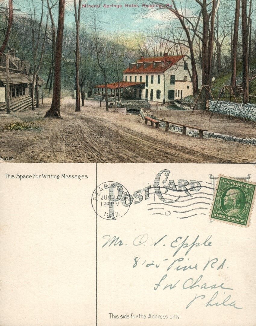 READING PA MINERAL SPRINGS HOTEL 1912 ANTIQUE POSTCARD