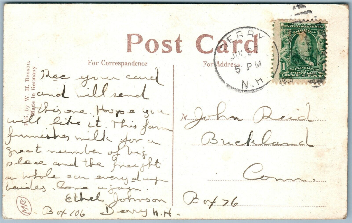 DERRY NH HOOD FARM 1908 ANTIQUE POSTCARD