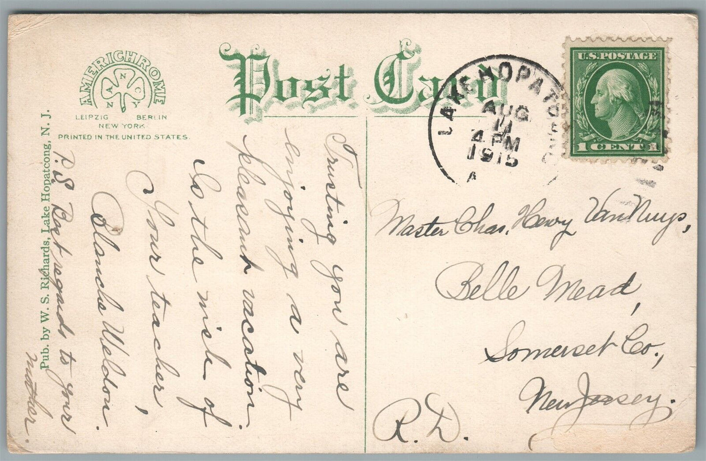 LAKE HOPATCONG NJ HOTEL BRESLIN ANTIQUE POSTCARD