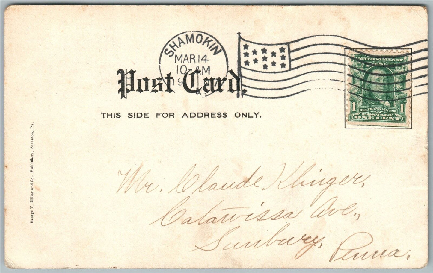 SHAMOKIN PA SOLDIER'S MONUMENT 1907 UNDIVIDED ANTIQUE POSTCARD