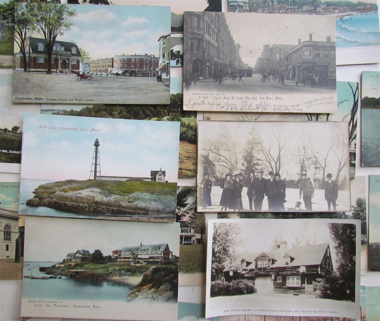 MASSACHUSETTS lot of 47 MA ANTIQUE POSTCARDS w/ RPPCs